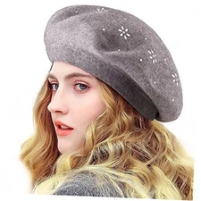  Rhinestone Beret Hats for Women 2 Layers One Size Light Grey (Floral Pattern)