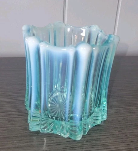 Fenton Aqua Opalescent Paneled Vase Bowl Vintage