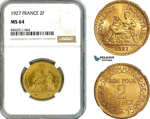 AK769, France, Third Republic, 2 Francs 1927, Paris Mint, NGC MS64, Rare!