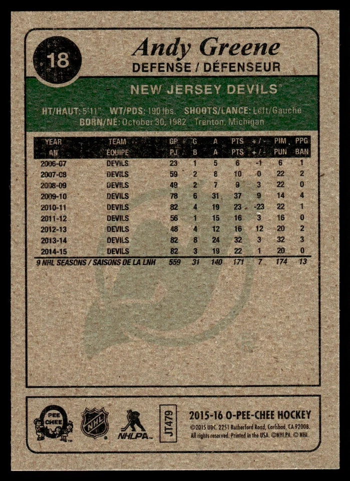 2015-16 O-Pee-Chee Retro Andy Greene New Jersey Devils #18 - Image 2 of 2