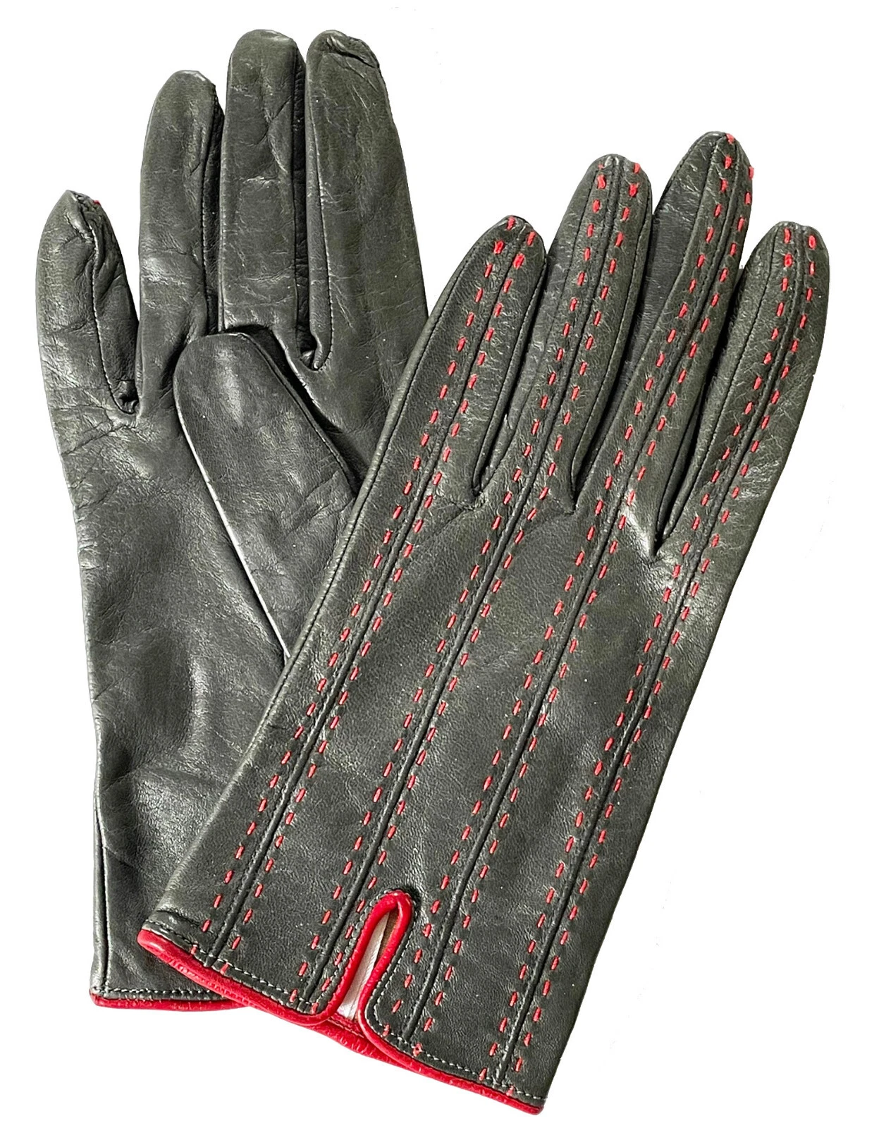 SERMONETA Kid Leather Gloves Silk Lined Running Stitch Detail Dark Olive/Red 7