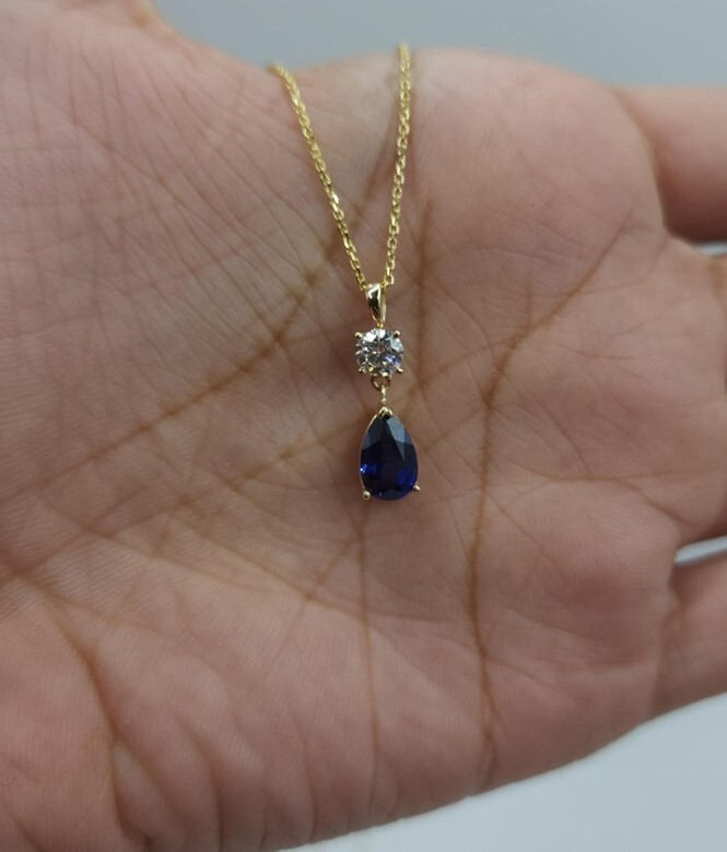 14Kt Gold Blue Sapphire Teardrop & Lab Grown Diamond Pendant eBay