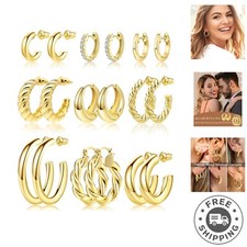 Gold Plated 9-Pair Hoop Earrings Set for Girls - Perfect Birthday Gift Idea