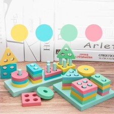 Montessori wooden blocks toys set geometric shapes kids leaning educational gift
