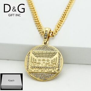 Mens Iced Out Stainless Steel Gold Last Supper Pendant Necklace 24" Box Chain