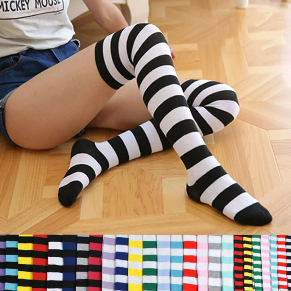 Womens Girls Stripy Striped Socks Over The Knee Thigh High Stockings Long  Socks