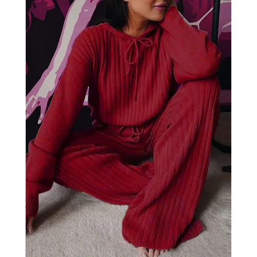 Outfits zweiteiliges Set Freizeitanzug Damenanzug Strickpyjama süß einfarbig mit Kapuze - Bild 8 von 22