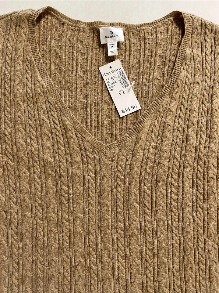 Suéter clásico tejido con cable Dressbarn cuello en V marrón para mujer 1X NUEVO Foto 2 de 4