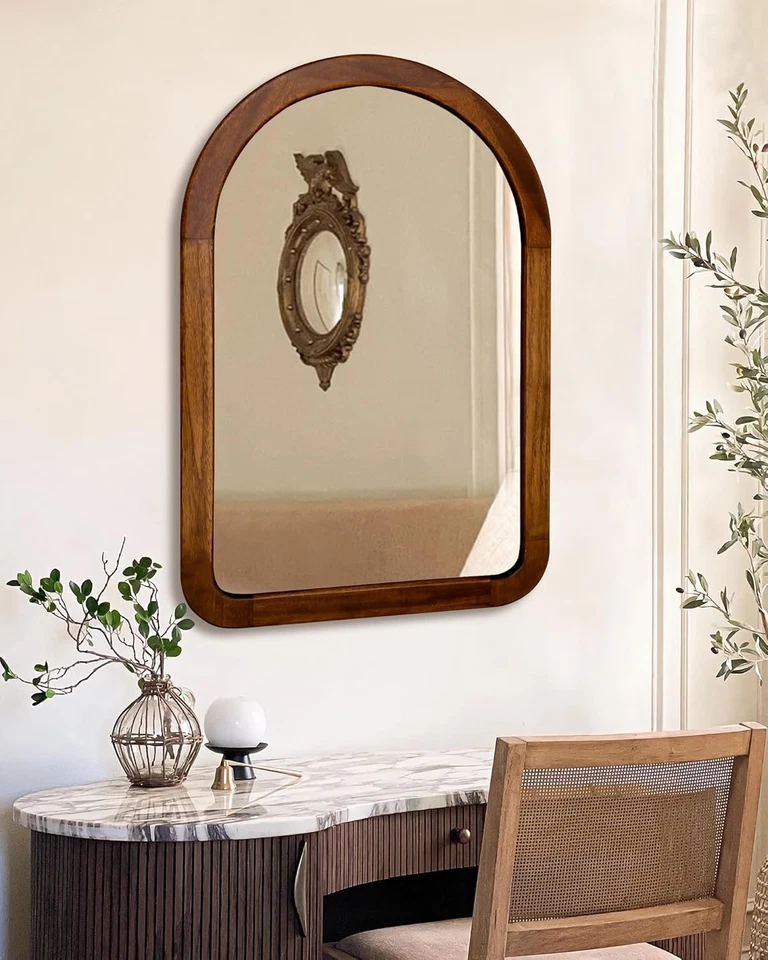 Arched Mirror 24 X 36 Inch,Brown Wood Rustic Bathroom Tempered Wall Mirror with - Image 2 of 4