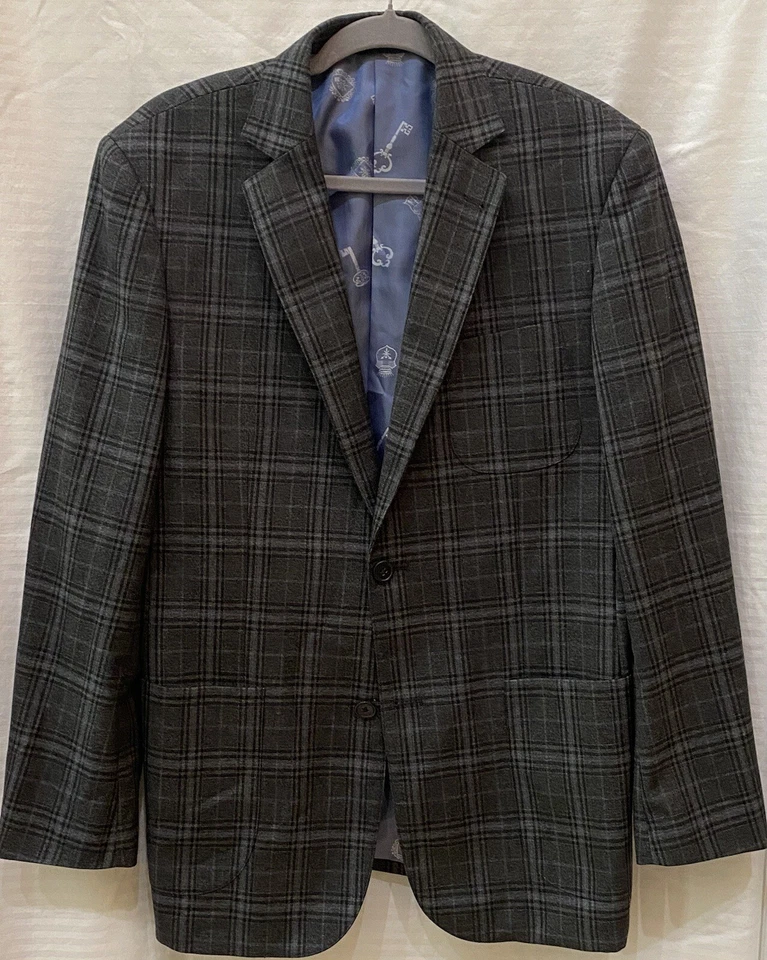 Blazer arrogante elegante lavanderia inglesa tamanho 40L cinza preto azul xadrez 100% lã - Imagem 2 de 4