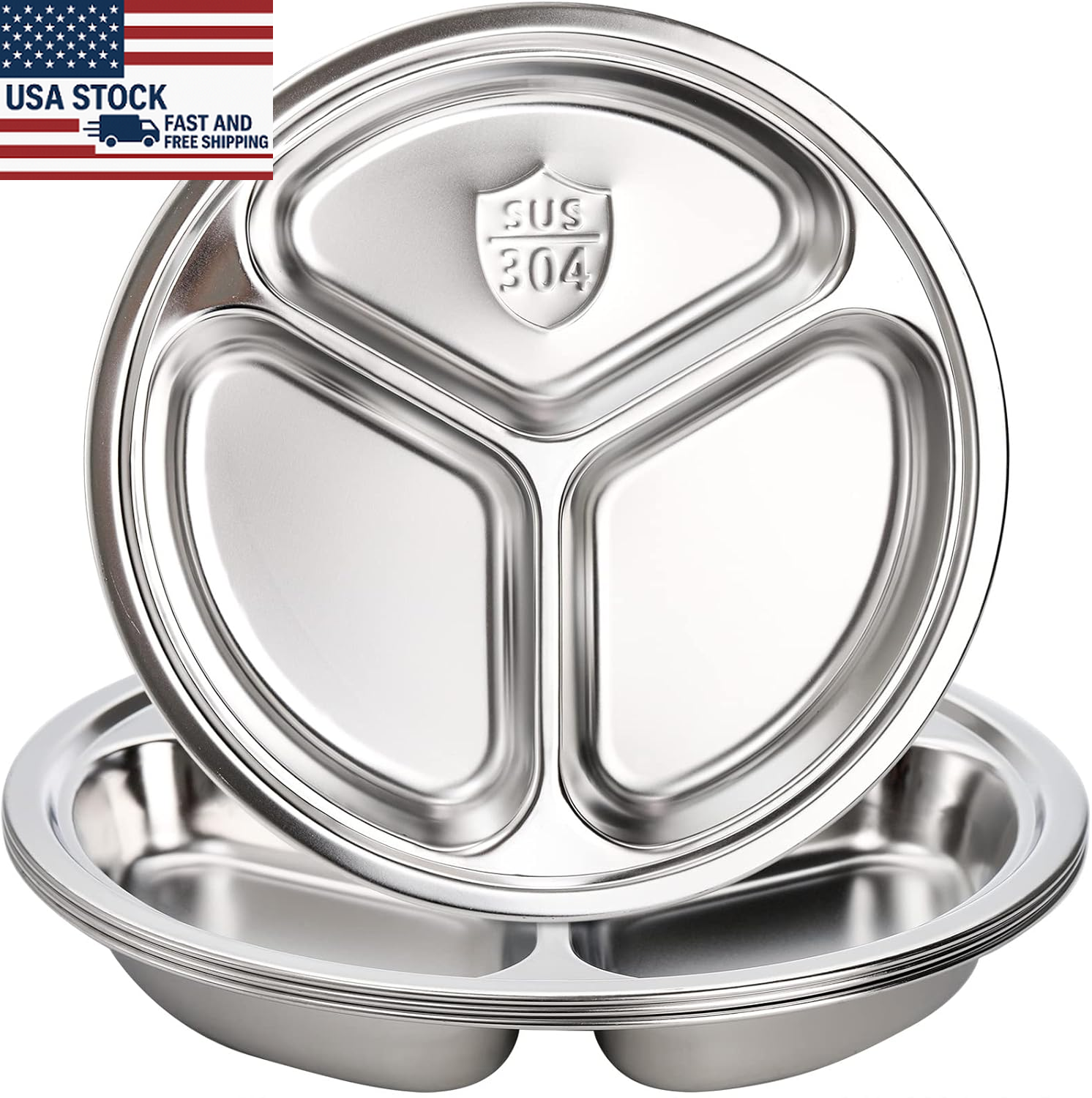 Hacaroa 4-Pack 9.5 Inch Stainless Steel Round Divided Dinner Plates