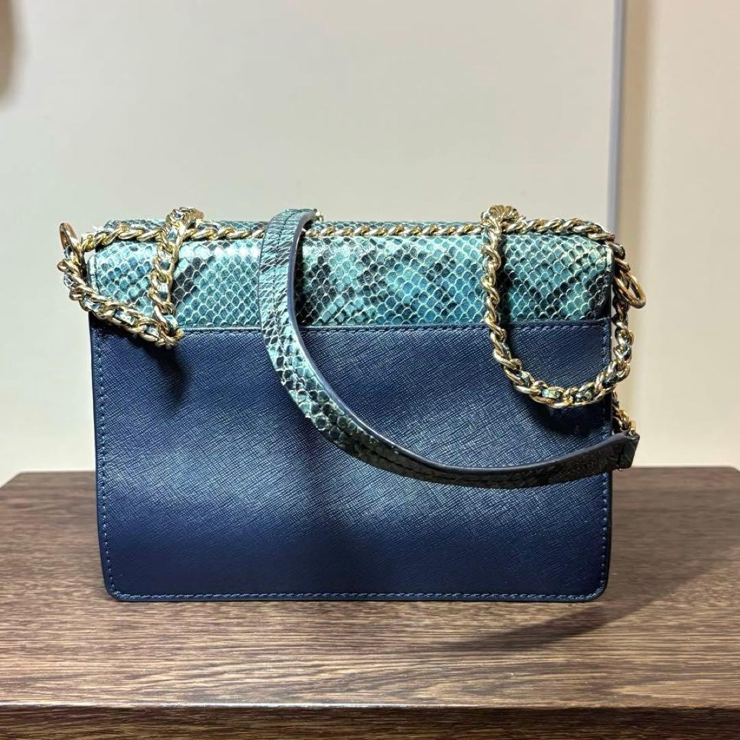 Tory Burch Shoulder Bag Python Pattern Chain Blue… - image 6
