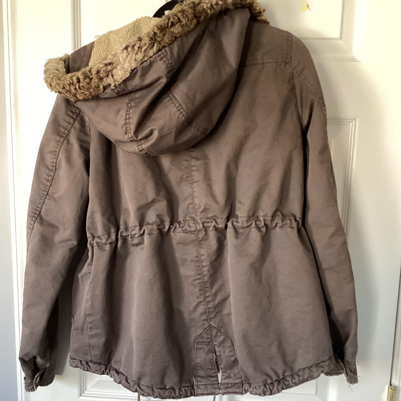 H&M Trendy Hooded Fur Trim Parka Jacket Brown Drawstring Waist Pockets US 10 thumbnail 4