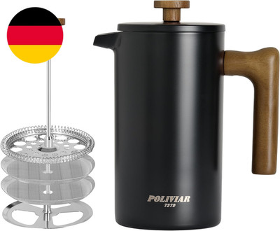 Poliviar French Press Kaffeebereiter 1 Liter/8 Tassen, Doppelwandige Isolierte K