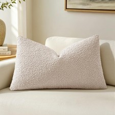 Textured Boucle Throw Pillow Cover Beige Accent Solid Lumbar Pillow Case Deco...
