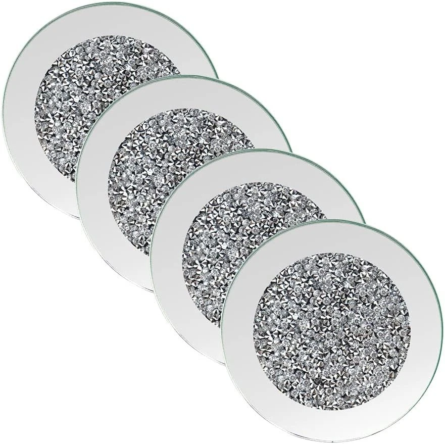 Glass Mirror Coasters Set of 4, Crushed Diamond Round, Dining Table - Image 4 of 4