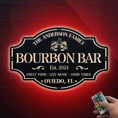 Personalized Bourbon Bar Sign Led Light, Home Bar Sign Cabin Decor, Family Name