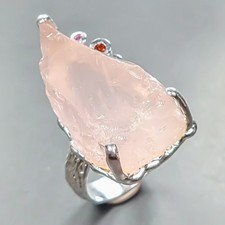 Rough 38 ct gem Natural Rose Quartz Ring 925 Sterling Silver Size 7.5 /R446282