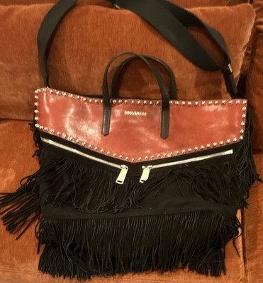 Dsquared2 Western Studded Fringe Satchel Top Handle Zip Bag Brown/Black