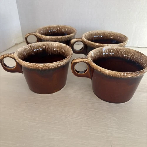 4 Hull Pottery Oven Proof USA Brown Drip Coffee/ Tea Mugs Cups 10 oz. Vintage