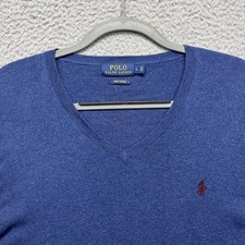 Polo Ralph Lauren Sweater Mens Large Blue Pima Cotton V Neck Logo Pullover Knit