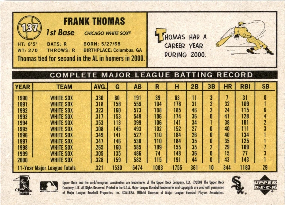 2001 Upper Deck Vintage - Frank Thomas #137 - Image 2 of 2