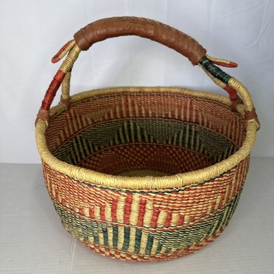 X Lg Woven Bolga Basket Leather Handle 16 Dia.  x 16  Depth x 8.5  Height Ghana