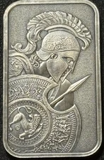 1 Oz .999 Fine Silver Intaglio Mint ANTIQUED Molon Labe Spartan Warrior Art Bar!