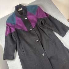Vintage Forecaster Coat Womens 9/10 Black Purple Wool Colorblock Made in USA 70s