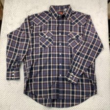 Plains Western Wear Shirt Mens Large Blue Brown Plaid Pearl Snap Cowboy Rodeo