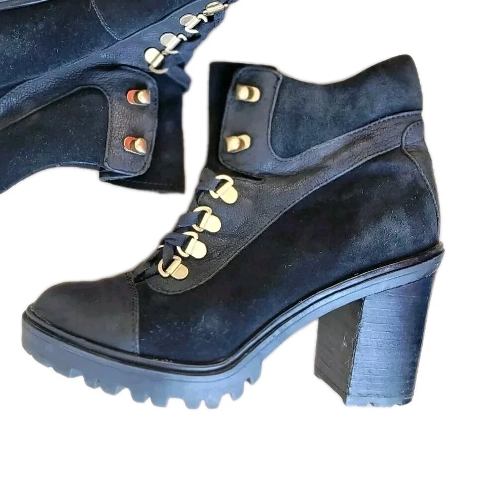 Botas de cuero Guess vintage para mujer 9 tacones negro gamuza bloque botín taco años 90 Y2K Foto 3 de 4