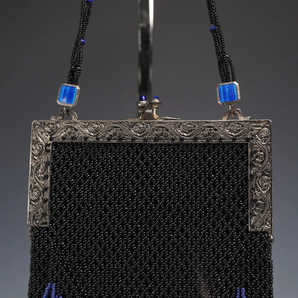 Vintage Victorian Black/ Blue Beaded Purse with Chevron Fringe Velvet Interior - Image 4 of 4