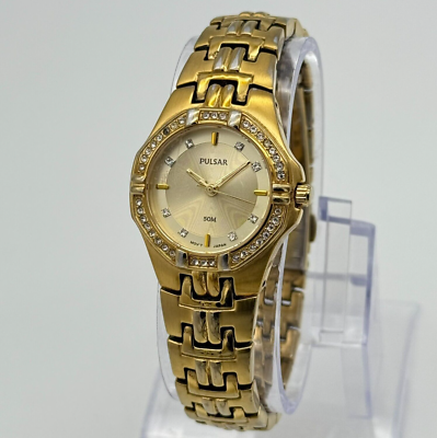 #ad Women#x27;s PULSAR Gold Tone Swarovski Crystal Bezel Bracelet Watch 27mm VX51 X416 $17.99