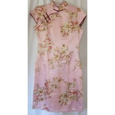 CHINESE Asian Vintage Cheongsam Qipao Dress Short Sleeve Pink Peony Silk