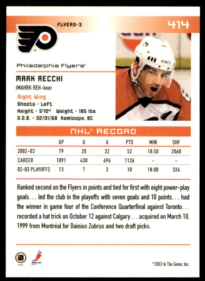 2003-04 In The Game Action Mark Recchi #414 - Image 2 of 2