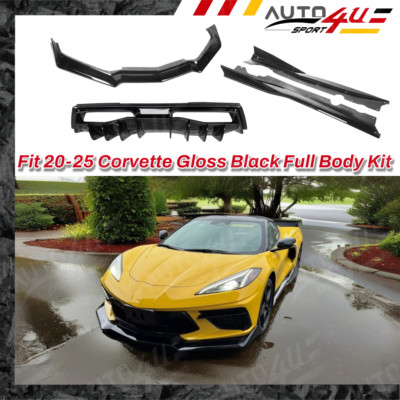 Gloss Black Body Set Rear Diffuser + Lip + Skirt Fit Chevrolet Corvette C8 20-25