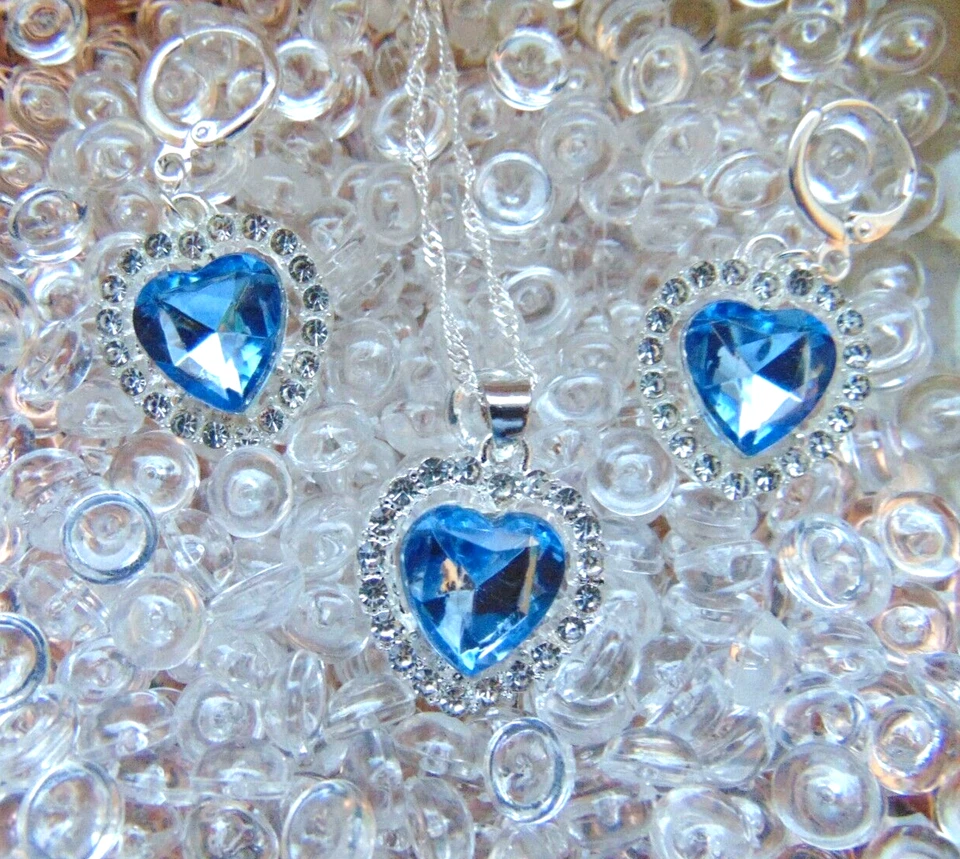 925 Silber Schmuck Set Herz Titanic Hellblau Zirkon  Kette Anhänger Creolen - Bild 4 von 4