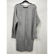 Vine & Love Light Gray Button Detail Ribbed Sweater Dress