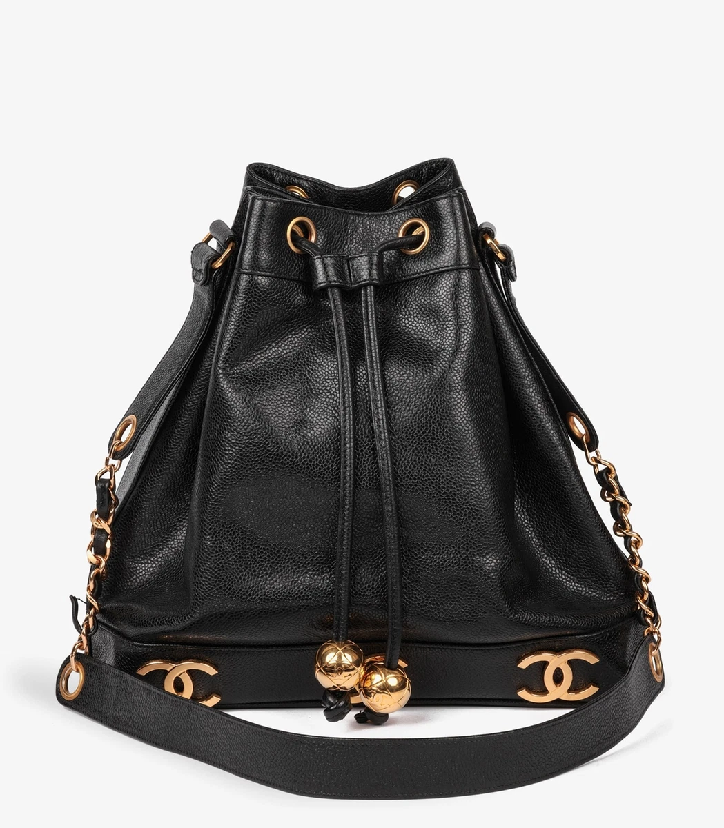 Chanel Black Caviar Leather Vintage Classic Logo Trim Bucket Bag