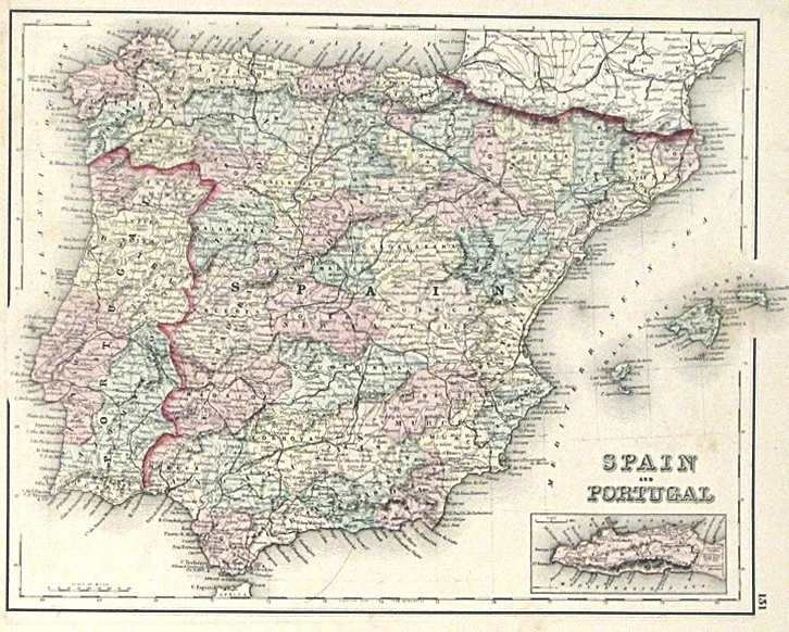 c1870 Map of Spain & Portugal / Russia Hand Colored Engraving O W Gray Vintage - Image 3 of 4