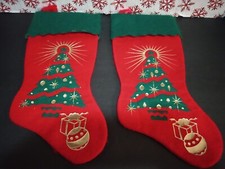 Vintage Matching Red Felt Stenciled Christmas Stockings Set 2 Trees  Ornaments