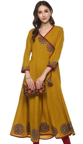Indian Women Mustard Cotton Angrakha Kurta Kurti Anarkali Style Dress S To 5-XL - Picture 1 of 7