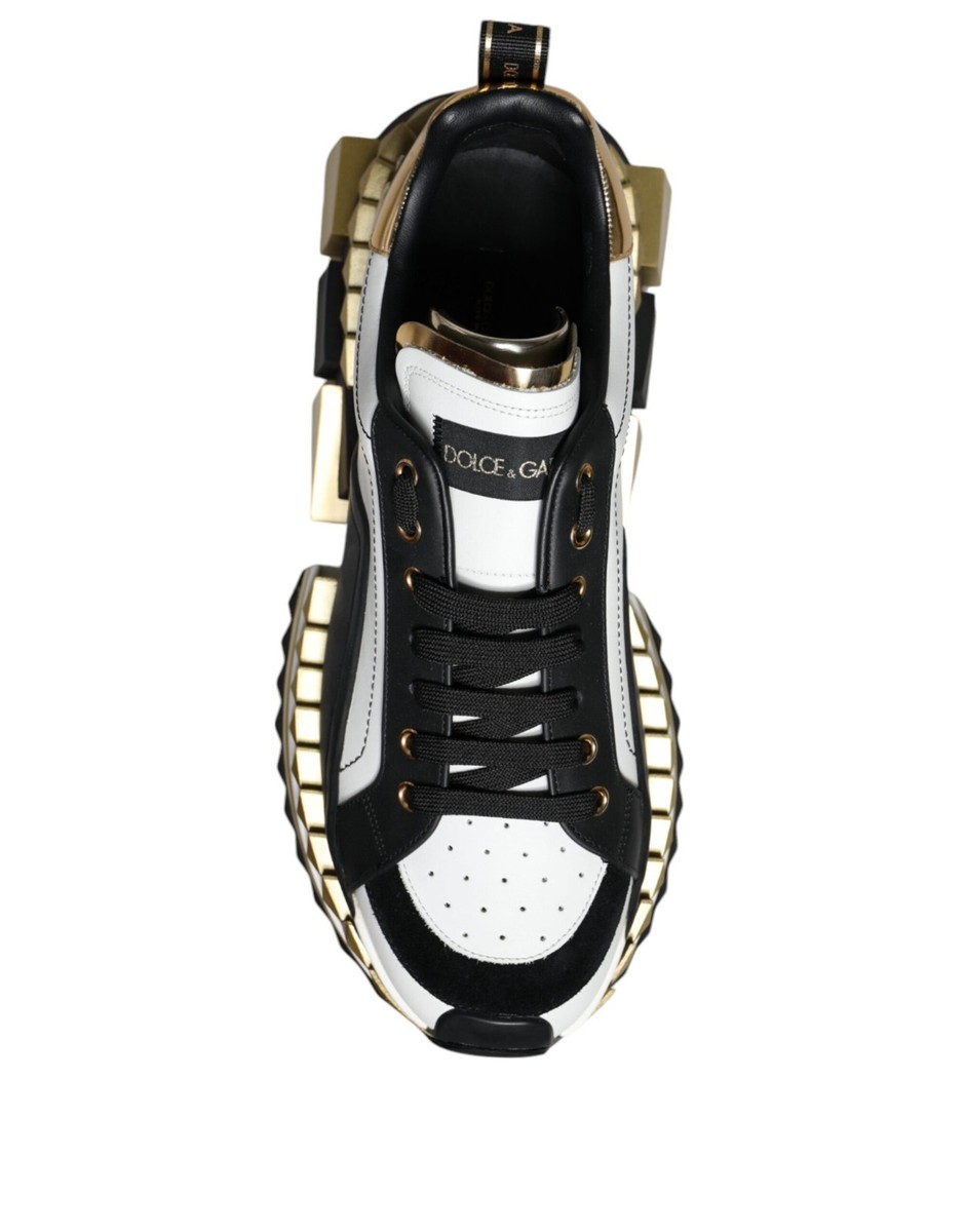 DOLCE & GABBANA White Gold Black Leather SUPER KING Sneakers Shoes