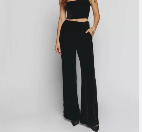 Pantalone donna Reformation 12 WES gamba larga velluto plissettato seta Bld nuovo con etichette Ins. 32 5"