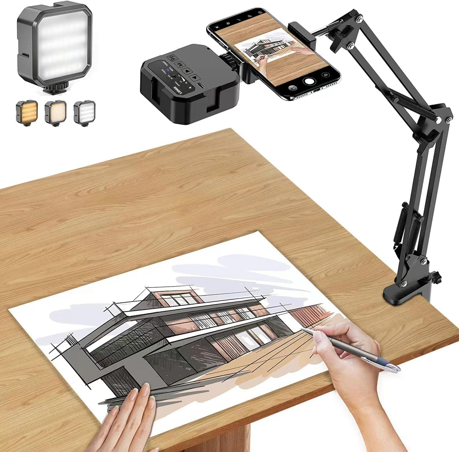 Overhead Phone Mount, Articulating Arm Cell Phone Holder with LED Light, Flexibl