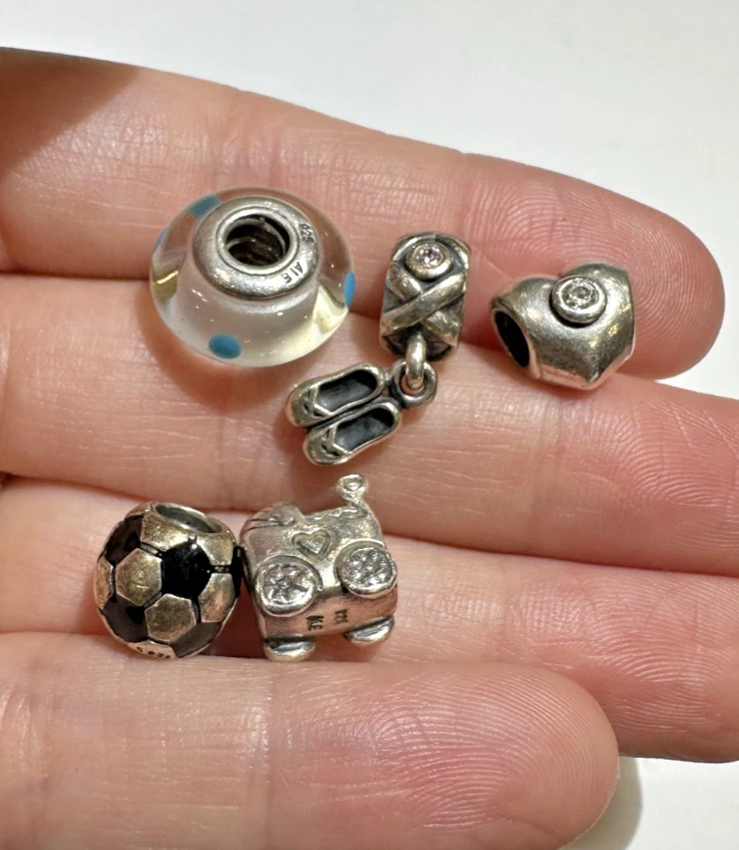 PANDORA Ale Argento 925 Murano Vetro Calcio Sfera Balletto Cuore Baby5 Charm Lot - Immagine 4 di 4