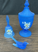 Westmoreland Blue Satin Glass Covered Candy Dish, Bell, & Bird