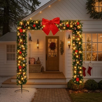 Outdoor 7.9-8.7 FT PVC Christmas Arch with Lights, Ornaments Holiday Arch Decor