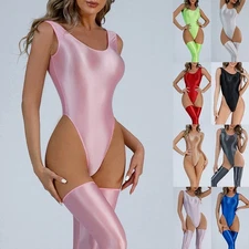 Elegantly Glossy Black Leotard Swimwear with High Cut and Backless Design