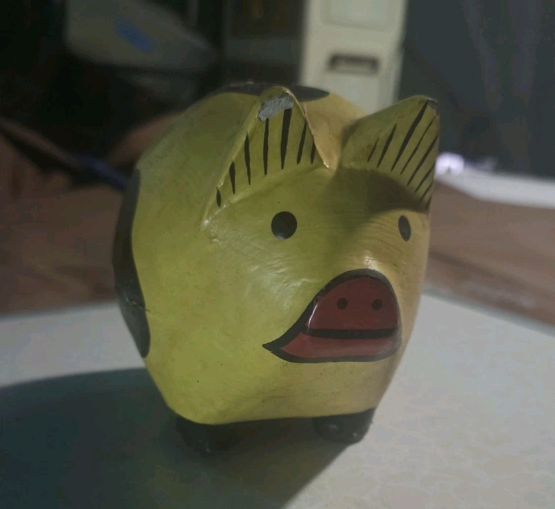 Vintage Piggy Bank Wood Primitive Style Hand Carved Pig Bank 5"
